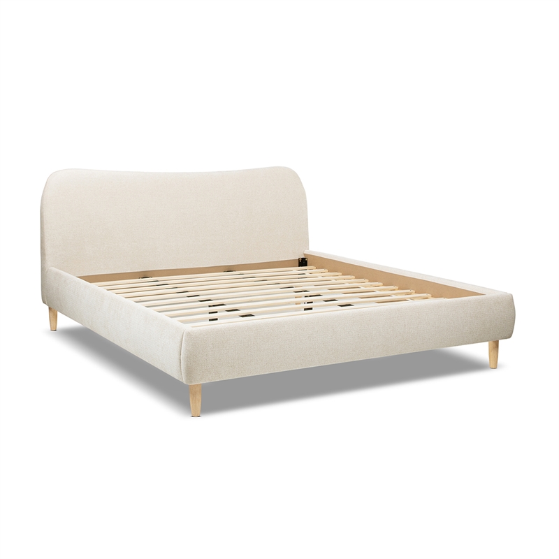 Roman Curved Headboard Upholstered Platform Bed King Light Beige Chenille