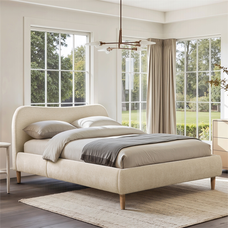 Roman Curved Headboard Upholstered Platform Bed Queen Light Beige Chenille