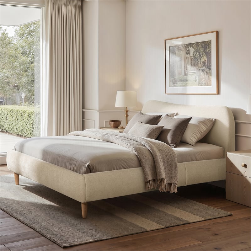 Roman Curved Headboard Upholstered Platform Bed Queen Light Beige Chenille
