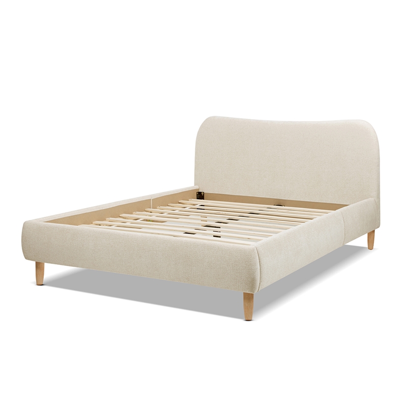 Roman Curved Headboard Upholstered Platform Bed Queen Light Beige Chenille