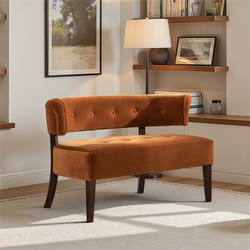 Jared Roll Arm Tufted Bench Settee Burnt Orange Performance Velvet