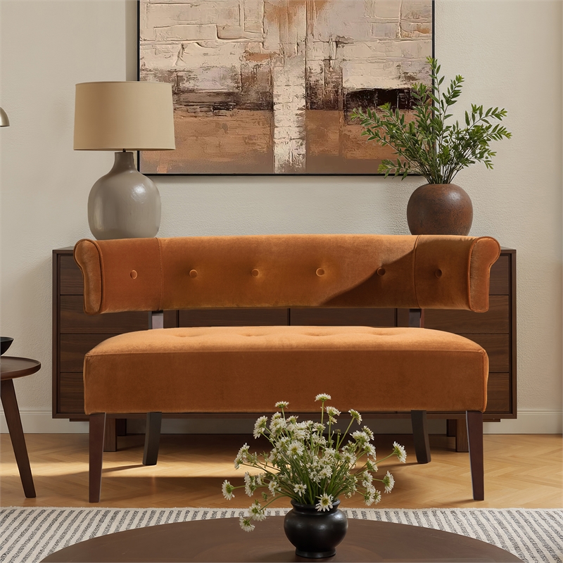 Jared Roll Arm Tufted Bench Settee Burnt Orange Performance Velvet