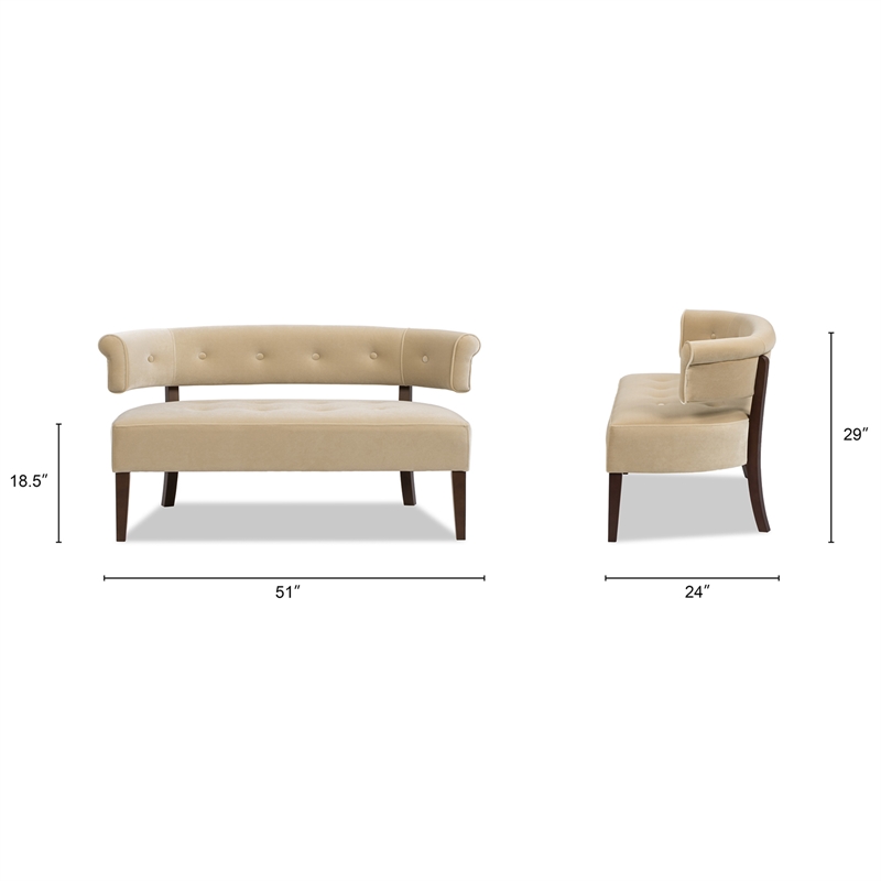 Jared Roll Arm Tufted Bench Settee Fawn Brown Performance Velvet