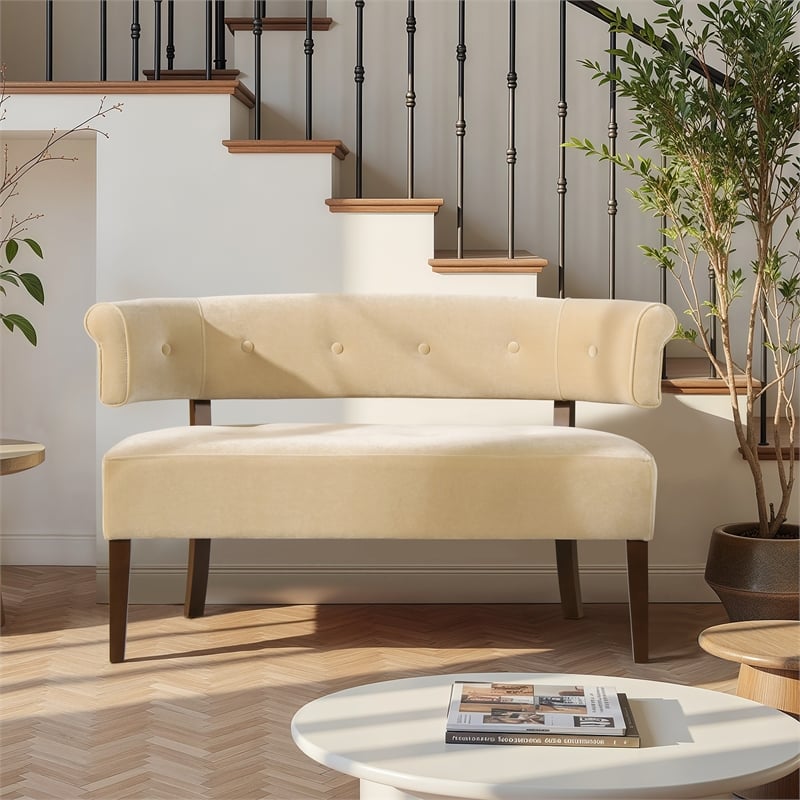 Jared Roll Arm Tufted Bench Settee Fawn Brown Performance Velvet