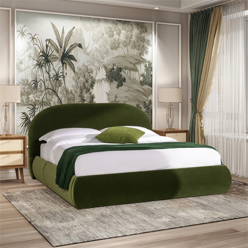 Archie Puffy Grounded Upholstered Platform BedOlive Green Performance Velvet