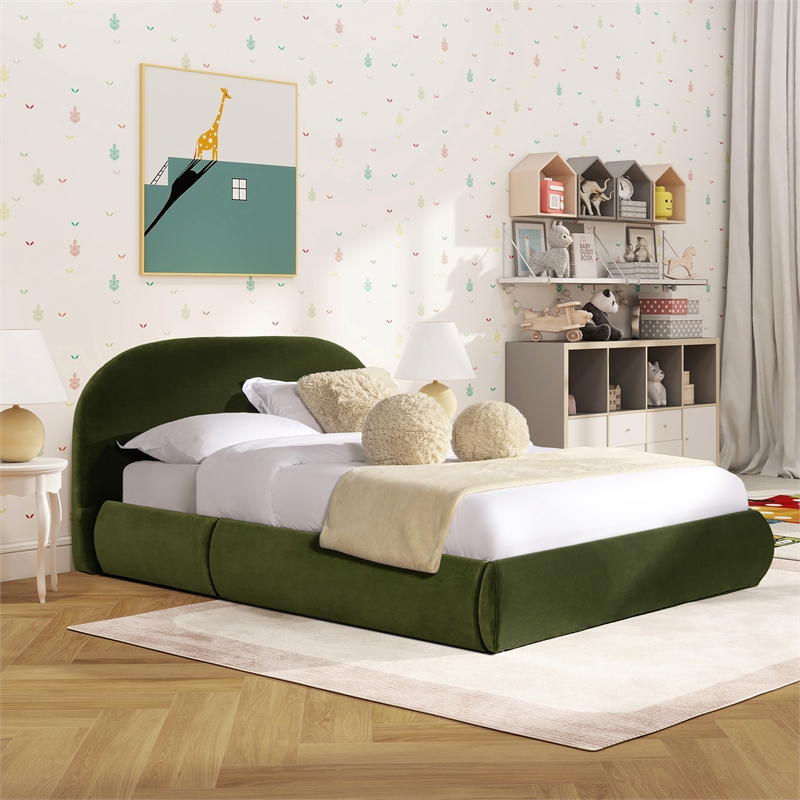 Archie Puffy Grounded Upholstered Platform BedOlive Green Performance Velvet