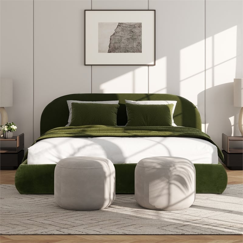 Archie Puffy Grounded Upholstered Platform Bed Olive Green Performance Velvet