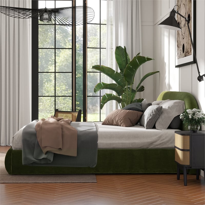 Archie Puffy Grounded Upholstered Platform Bed Olive Green Performance Velvet