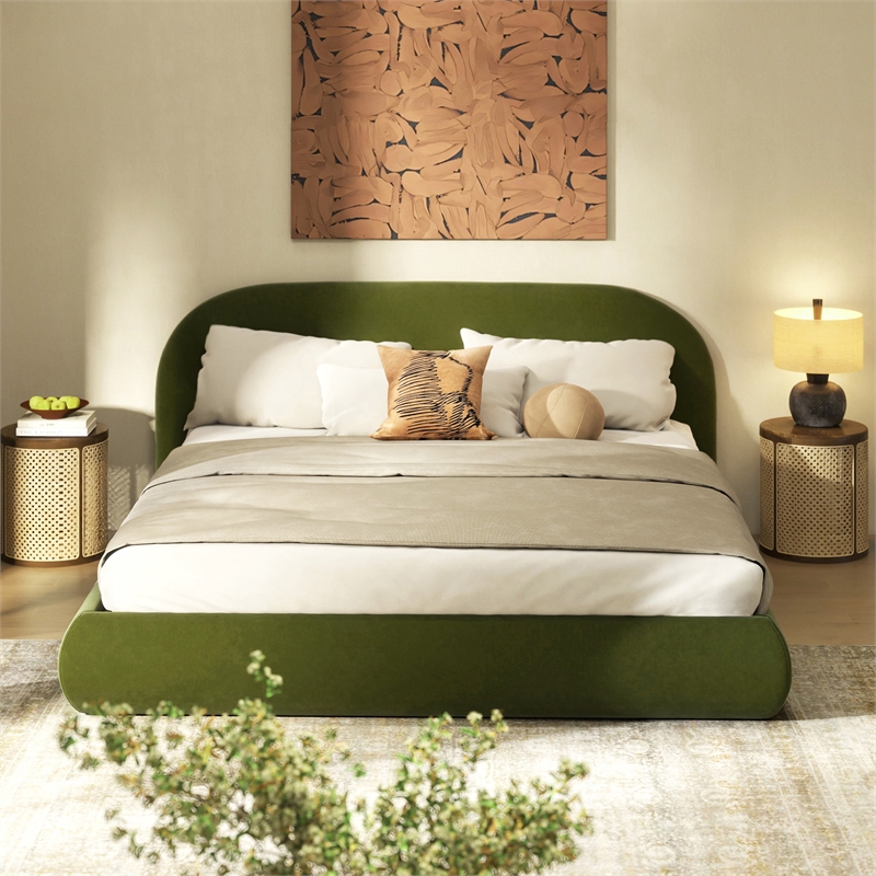Archie Puffy Grounded Upholstered Platform Bed Olive Green Performance Velvet