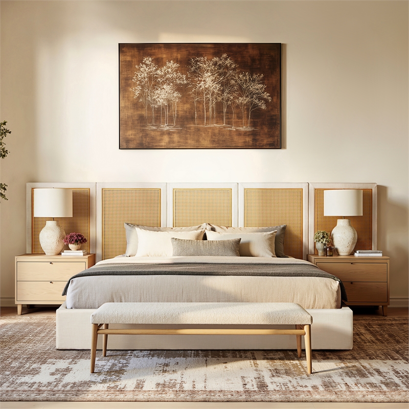 Capri Extended Headboard Cane Platform Bed Antique White Polyester