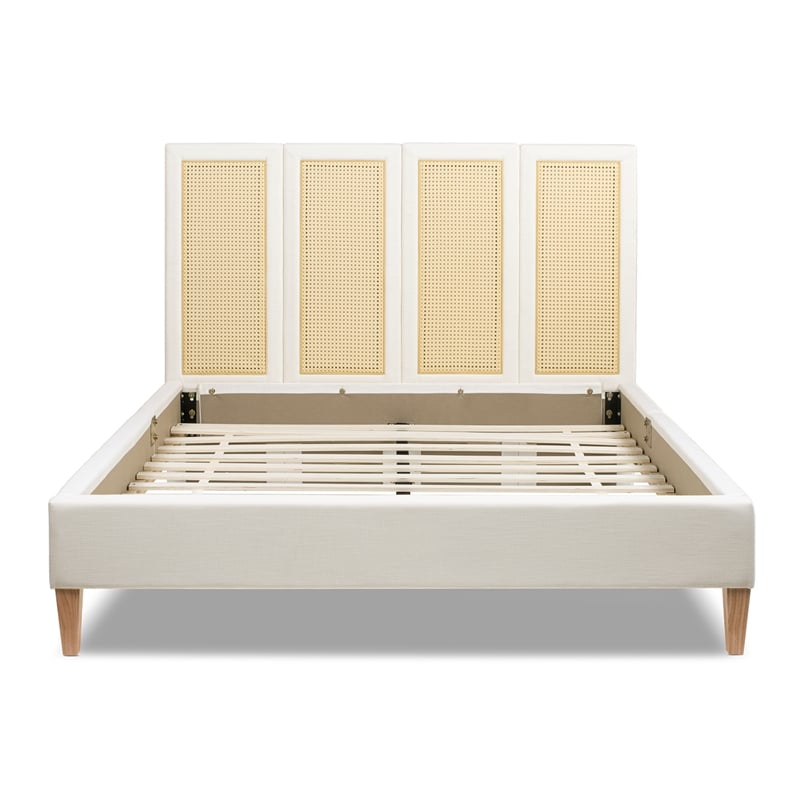 Toscana Queen Upholstered Cane Back Platform Bed Antique White Polyester