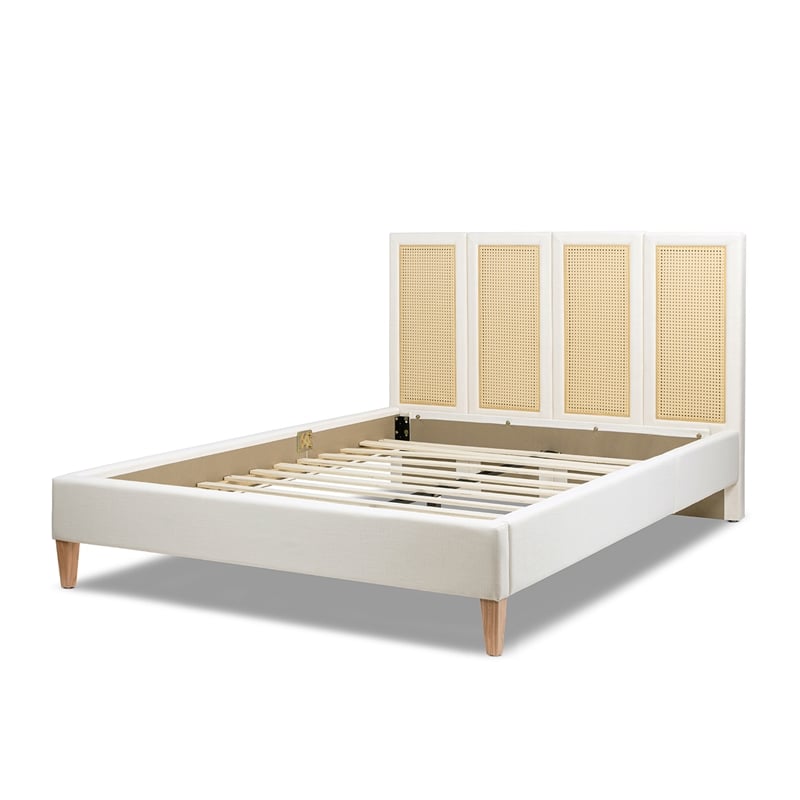 Toscana Queen Upholstered Cane Back Platform Bed Antique White Polyester