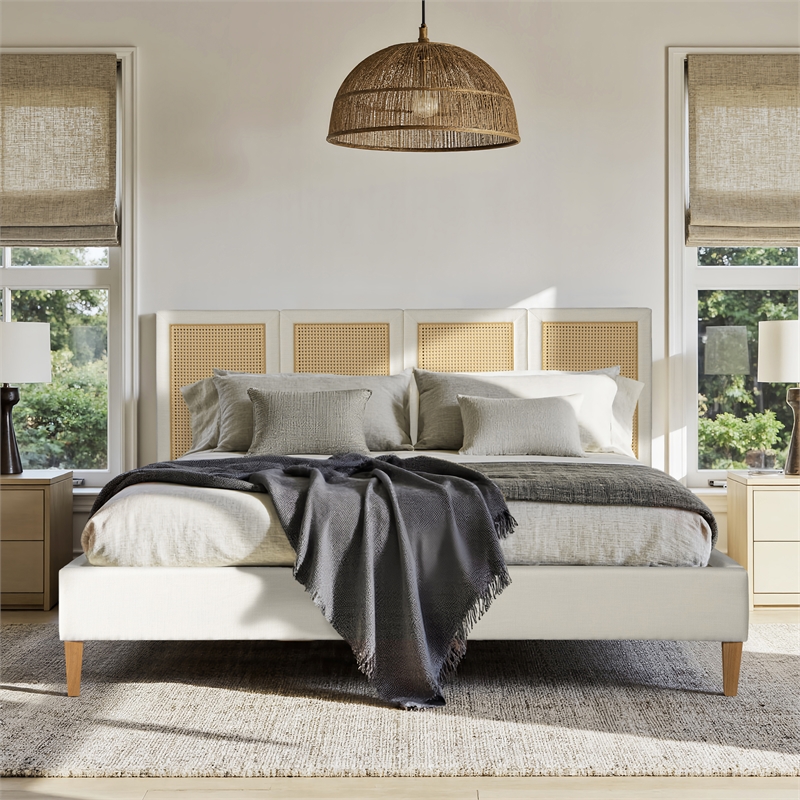 Toscana King Upholstered Cane Back Platform Bed Antique White Polyester