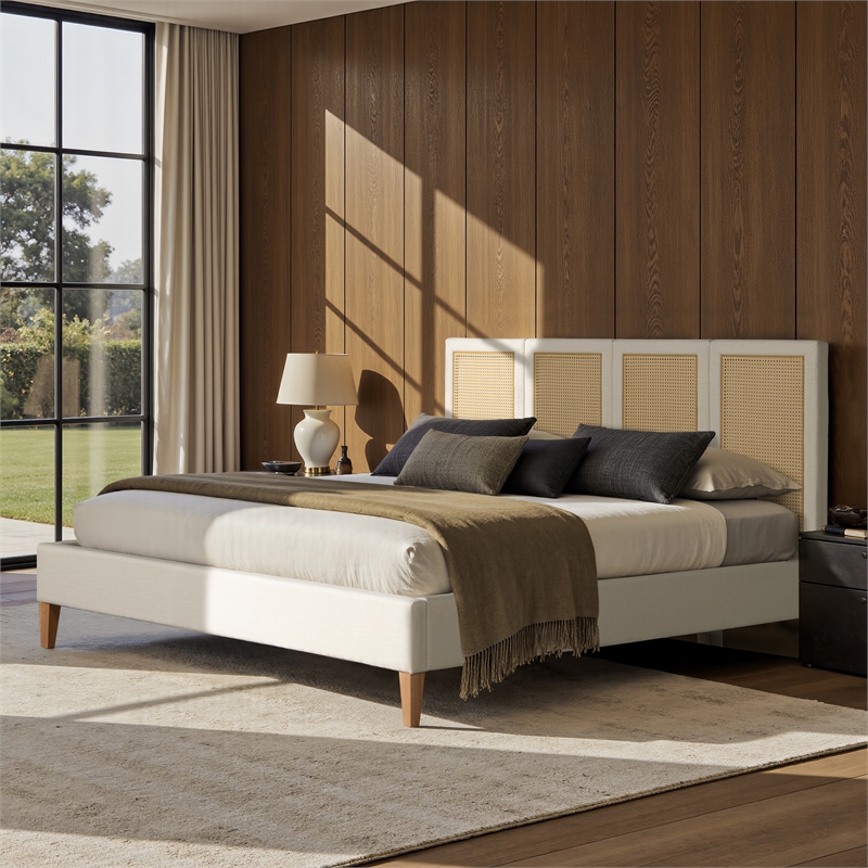 Toscana King Upholstered Cane Back Platform Bed Antique White Polyester