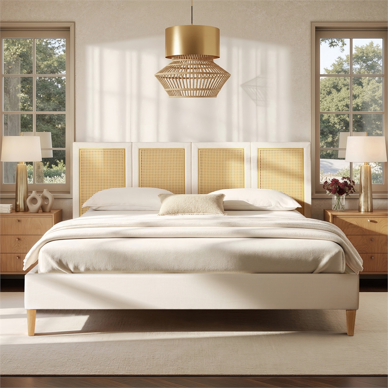 Toscana King Upholstered Cane Back Platform Bed Antique White Polyester