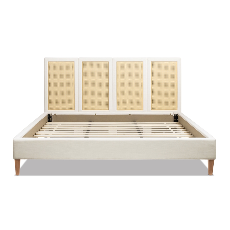 Toscana King Upholstered Cane Back Platform Bed Antique White Polyester