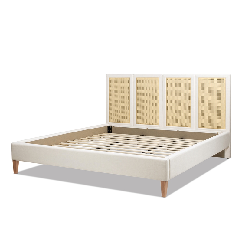 Toscana King Upholstered Cane Back Platform Bed Antique White Polyester