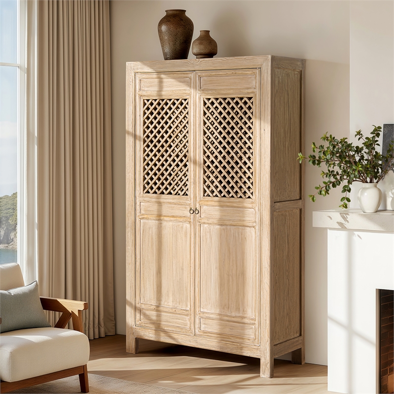 Arden 83 Tall Solid Reclaimed Pine Lattice 2-Door Bookcase Storage Cabinet Brown