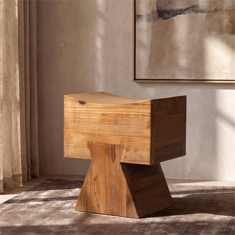 Nico Sculptural Stool Ottoman Honey Aged Brown Reclaimed Pine Wood