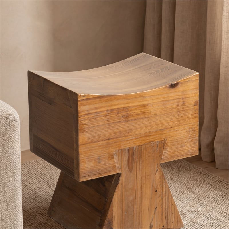 Nico Sculptural Stool Ottoman Honey Aged Brown Reclaimed Pine Wood