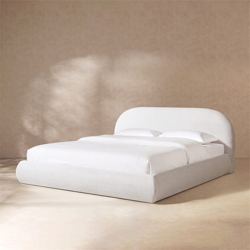 Archie Puffy Grounded Upholstered Platform Bed King Stone Beige Chenille