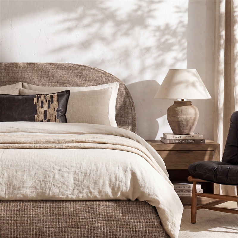 Archie Puffy Grounded Upholstered Platform Bed King Taupe Brown Chenille