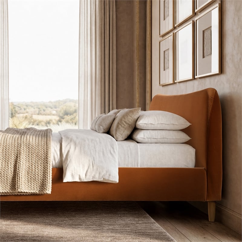 Roman Curved Headboard Upholstered Platform Bed King Burnt Orange Velvet