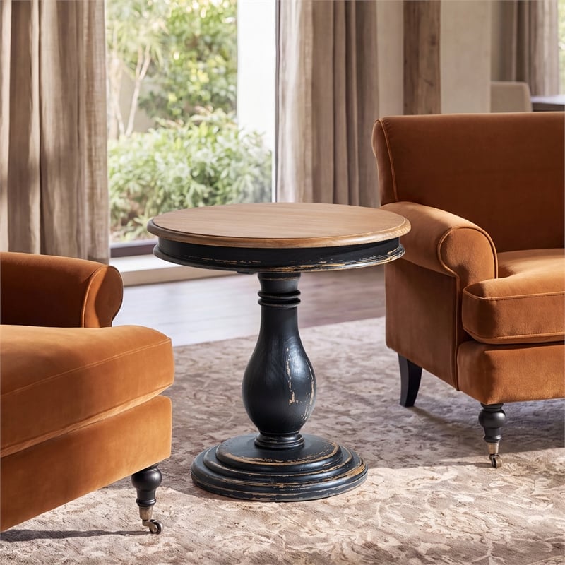 winslow 24&quot round reclaimed pine wood pedestal side table brown black