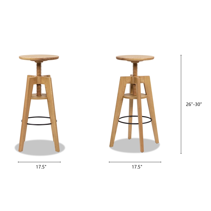 Spencer Minimalist Adjustable Bar Counter Stool Natural Brown Oak Wood