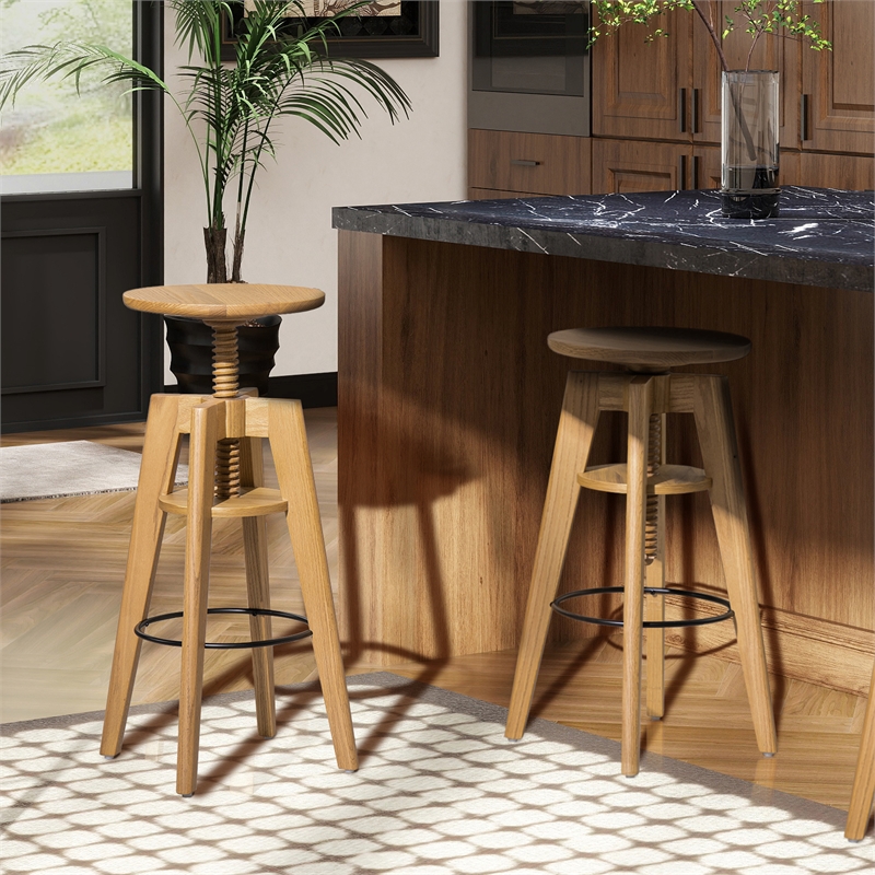 Spencer Minimalist Adjustable Bar Counter Stool Natural Brown Oak Wood