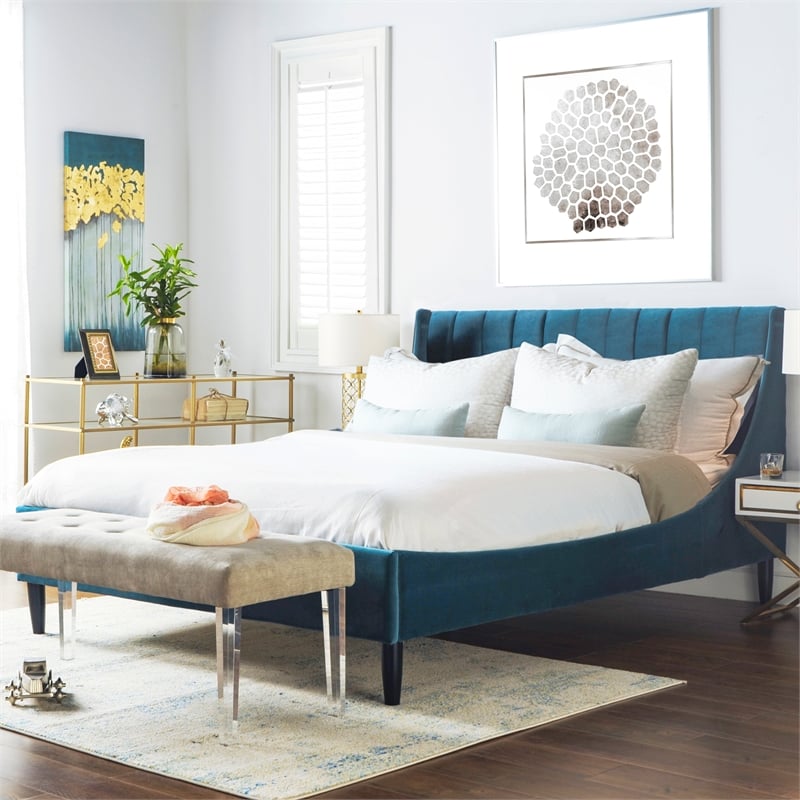 Sandy Wilson Home Aspen Tufted Headboard Platform Bed Queen Satin Teal Velvet