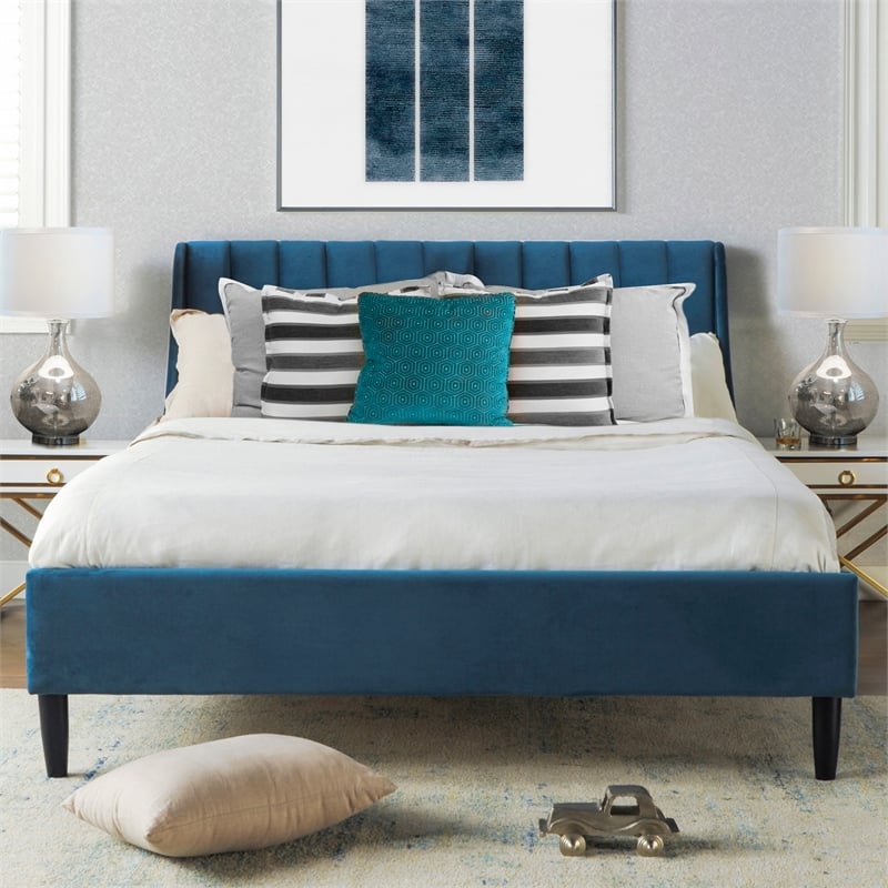 Sandy Wilson Home Aspen Tufted Headboard Platform Bed Queen Satin Teal Velvet