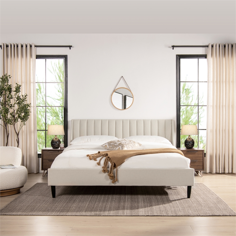 Aspen Vertical Tufted Headboard Platform Bed Set King Light Beige Linen