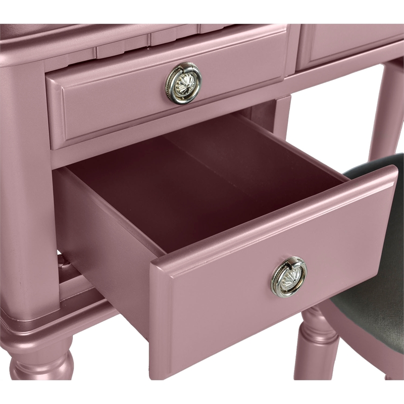 Cooper Furniture Wood Vanity Set with Mirror and Stool in Pink Rose Gold Color