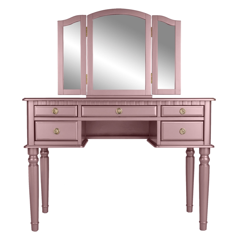 Cooper Furniture Wood Vanity Set with Mirror and Stool in Pink Rose Gold Color