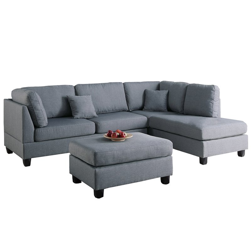Cooper 3 Piece Fabric Sectional Sofa Set with Ottoman in Gray