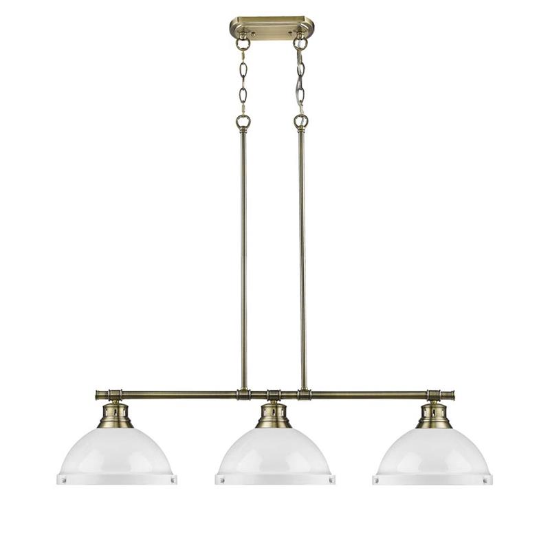 Duncan 3 Light Linear Pendant In Aged Brass With White Shades 3602 Duncan 3 Light Linear Pendant In Aged Brass With White Shades