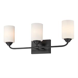 ormond 3 light bath vanity in matte black with cylindrical opal glass