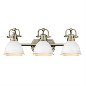 duncan 3 light bath vanity in aged brass with matte white shades