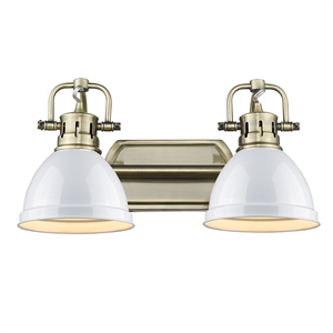 golden lighting duncan 2 light bath vanity in aged brass with white shades