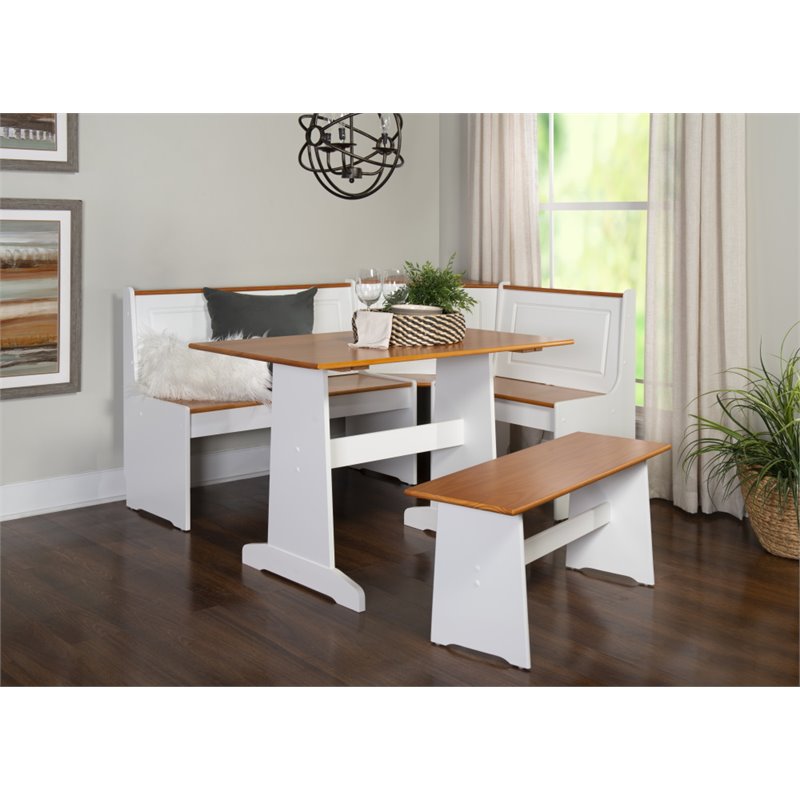 Riverbay Furniture Wood Indoor 3 Piece Kitchen Corner Nook Dining Set in White