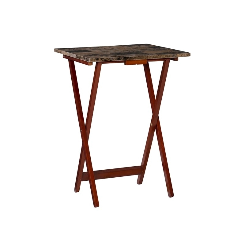 Riverbay Furniture 5-Piece Wood Folding Tray Table Set with Stand in Brown