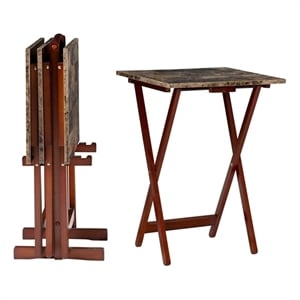 Riverbay Furniture 5-Piece Wood Folding Tray Table Set with Stand in Brown