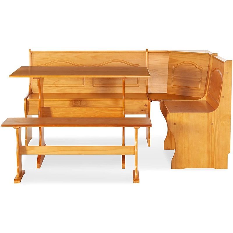 Riverbay Furniture Patio Corner Wood Nook Table Booth Bench Dining Set - Natural