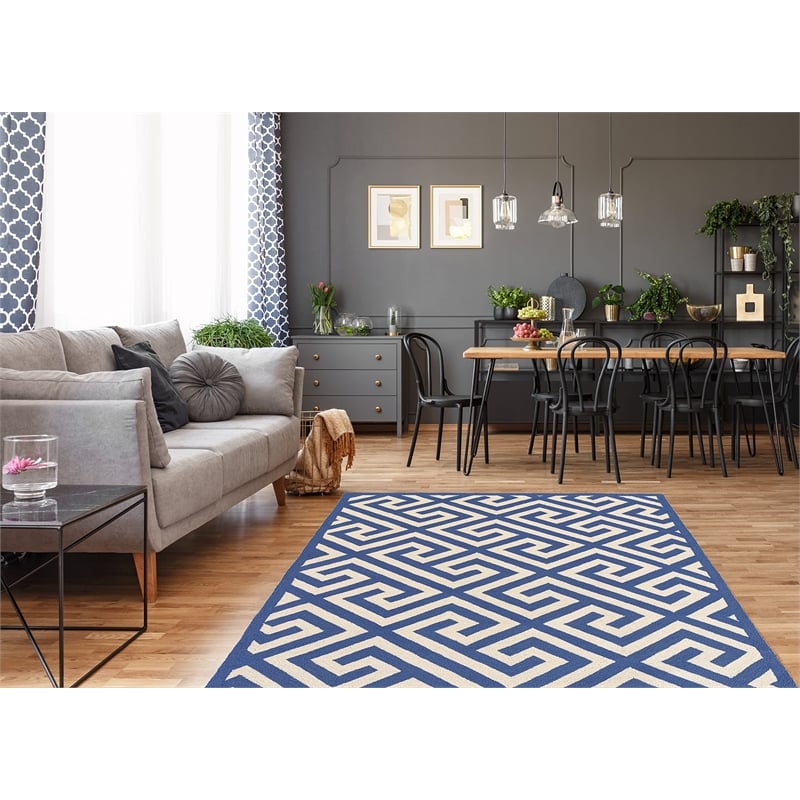 Riverbay Furniture 8' x 10' Hand Hooked Key Wool Rug in Navy
