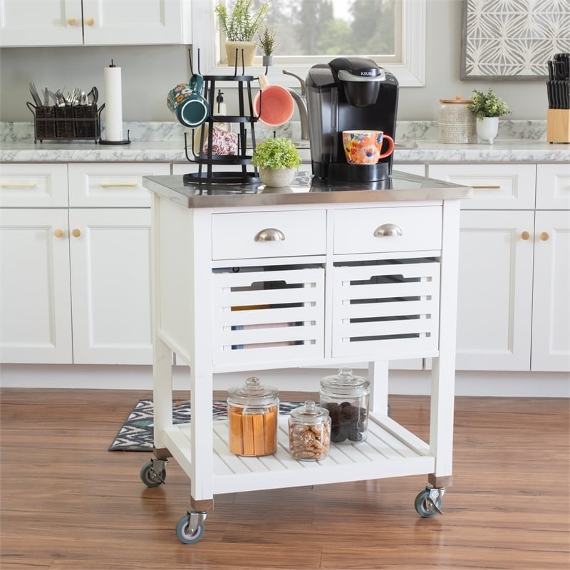 Riverbay Furniture Transitional Wood/Stainless Steel Top Kitchen Cart in White