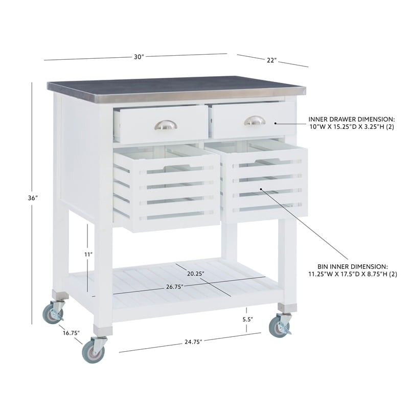 Riverbay Furniture Transitional Wood/Stainless Steel Top Kitchen Cart in White