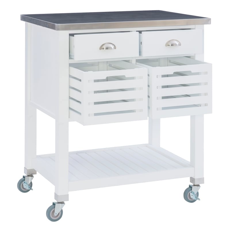 Riverbay Furniture Transitional Wood/Stainless Steel Top Kitchen Cart in White