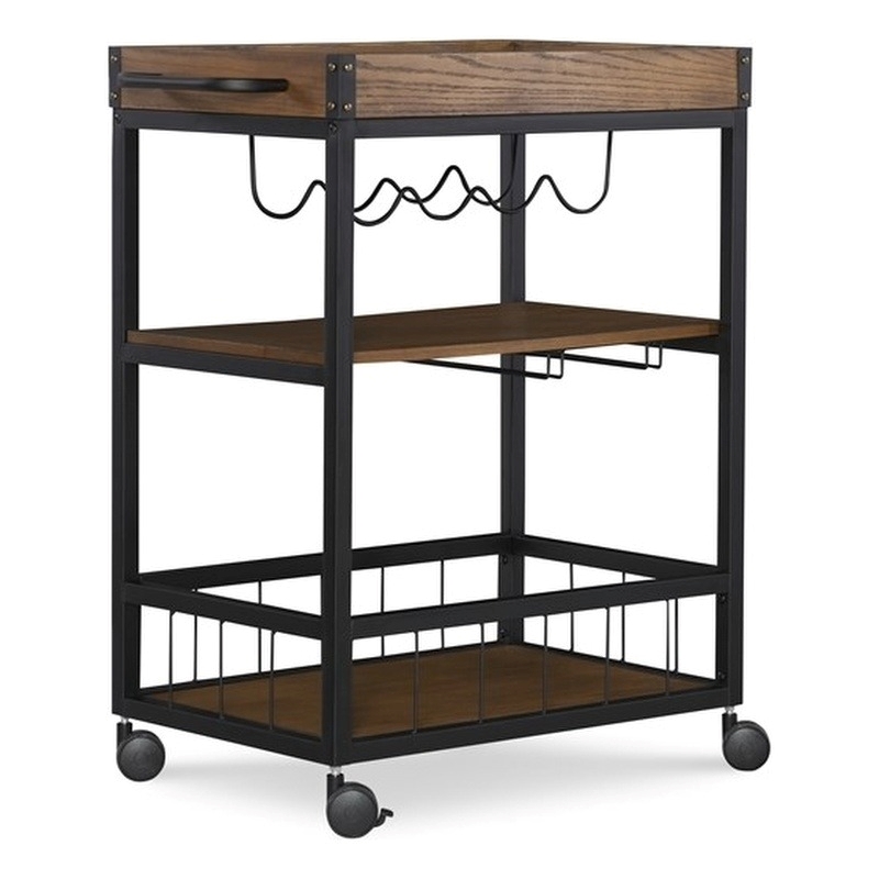 Riverbay Furniture Wood Rolling Bar Cart with Wine and Glass Rack in Black