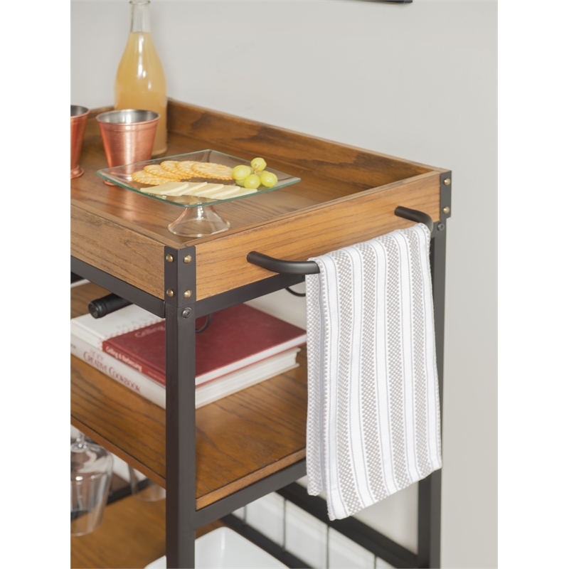 Riverbay Furniture Wood Rolling Bar Cart with Wine and Glass Rack in Black